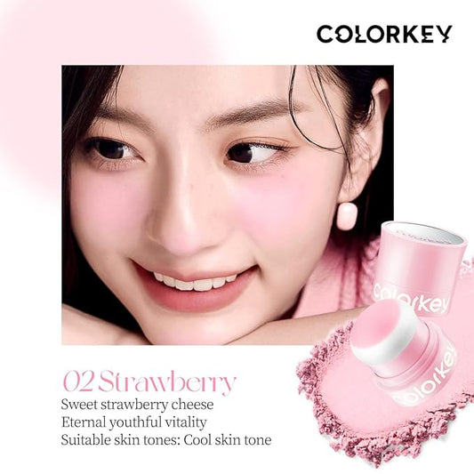 COLORKEY Shimmering Pudding Powder Blush, Lightweight, non-drying and smooth, Naturally Luminous Semi-Matte Finish, Self-contained brush, portable makeup (02 strawberry, 3.2g)