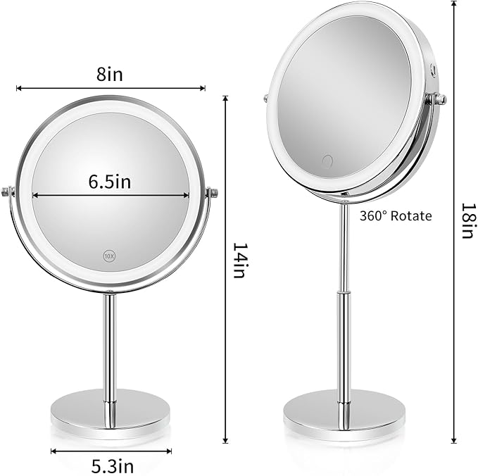 8”Large Makeup Mirror with Lights,1X/10X Rechargeable True Height Adjustable HD Magnifying Mirror with 3 Color Dimmable Lights,360° Rotation Double Sided Vanity Makeup Mirror,Gift for Women (Silver)