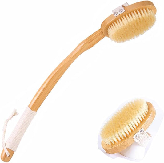 Body Brush Back Scrubber,18.7 inch Long Handle Detachable Body Brush with Dual Brushing Heads for Dry Brushing Shower, Bamboo Medium Firm Bristle Brush for Body Cellulite and Lymphatic (Beige)