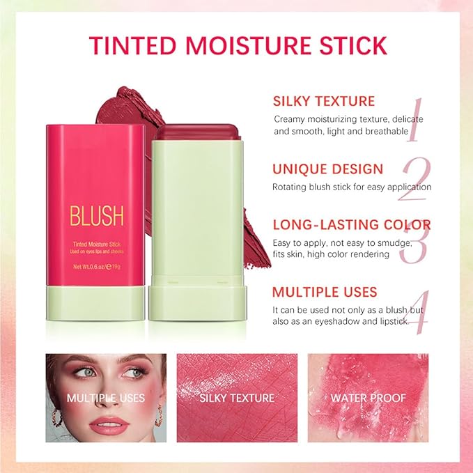 Multi-Use Makeup Blush Stick, Tinted Solid Moisturizer On-the-Go Blush, Multi-use Cream Blush Stick for Cheek & Eyes & Lips, Waterproof Natural Nude Makeup for All Skin (2# Hot Red)