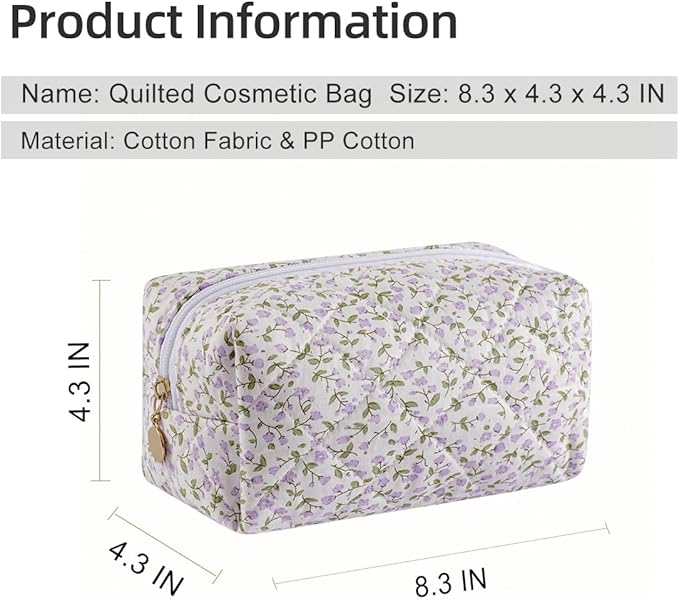 Gleyemor Small Quilted Makeup Bag for Women, Cute Floral Bow Cosmetic Bag, Emergency Bag Travel Toiletry Cotton Pouch Gifts for Girls Her Mom Friend Sister Bridesmaid (Purple Small Flower)