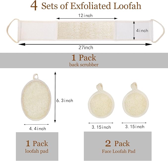 Loofah Sponge Exfoliating Body Scrubber(4 Pack), Zenidoo Natural Loofah Face Pad Bath Shower Body Scrubber for Women and Men, Made with Eco-Friendly and Biodegradable Luffa Pads,Large Size