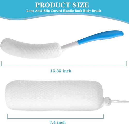 Sunnyray 2 Pack 15.35 Inch Long Anti-Slip Curve Handled Bath Body Brush, Body Back Bath Brush with Sponge Soft Blue Rubbing Back Shower Brush for Elderly Aid Bathing and Shower