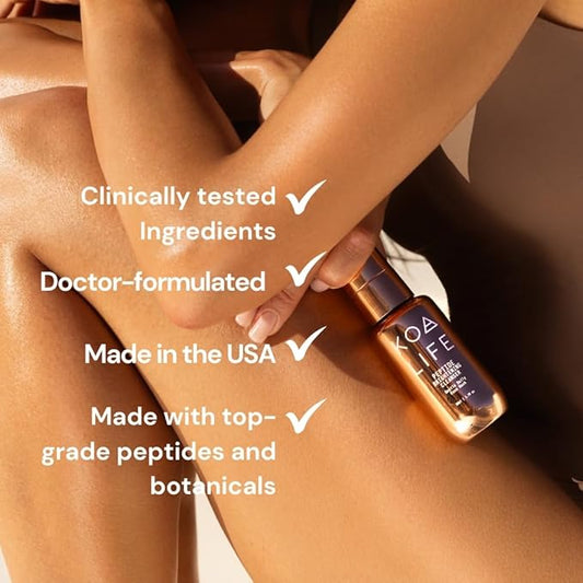 KOA LIFE Daily Gentle Peptide Facial Cleanser. Hydrates and anti-ages. In a metallic copper glass pump bottle and metallic copper outer cylinder carton