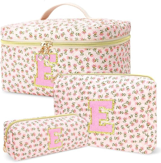 3 PCS Travel Makeup Bag Set, A-Z Initials Cotton Make up Bag Floral Quilted Cosmetic Bag for Girls and Women, Personalized Cute Toiletry Bag Travel Accessories Brushes Bag Flower - E