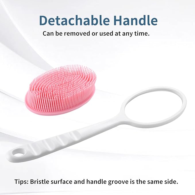 2-in-1 Silicone Body Brush with Detachable Long Handle, Double-Sided Back Scrubber for Bath with Hook, Rich Foam for Deep Cleansing and Exfoliating (Pink/Tip)