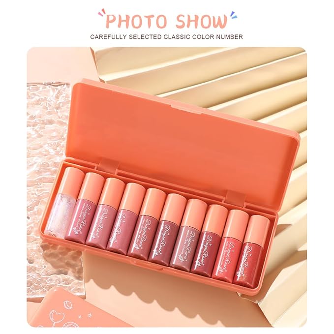 10 Colors Lip Tint Stain Set with Natural Fruits Design, Pearly Lustre Finish, Korean Plumping Lip Gloss Watery Lip Stain (Orange Box)