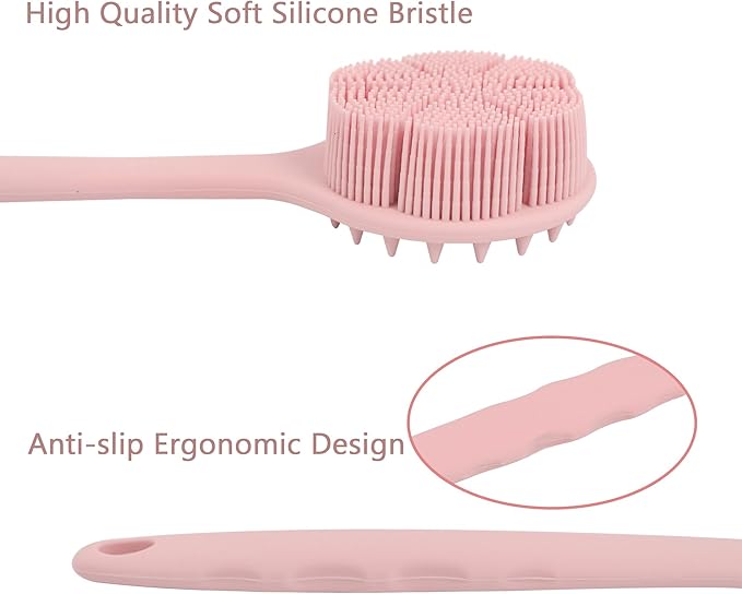 OWIIZI Extremely Soft Silicone Back Brush for Shower with Rich Lather, Reversible Body Bath Brushes Scrubber with Long Handle Skin Exfoliator for Women Elderly Wet Use
