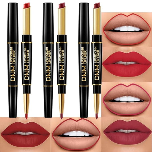 BINGBRUSH 2 IN 1 Lip Liner & Lipstick Makeup Set, Dark Red Matte Metallic Lipliner Set for Black Mature Women Waterproof Long Lasting Gift Set (3Pcs Set02-Matte:01#06#09#, 3Pcs)