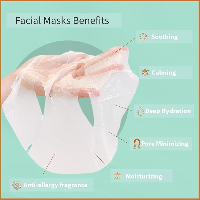 YoungMe Soothing Glam Facial Sheet Mask - 12 Sheets Face Masks | Korean Skincare - Deep Mask for Sensitive Skin or All Skin Types