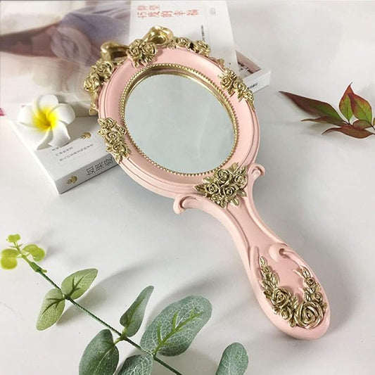 Vintage Hand Held Mirror, Vanity Rose Gold Makeup Mirror, Compact Travel Handheld Mirros, Gift for Mom, Wife, Girl Friend, Pink