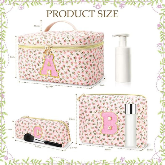 3 PCS Travel Makeup Bag Set, A-Z Initials Cotton Make up Bag Floral Quilted Cosmetic Bag for Girls and Women, Personalized Cute Toiletry Bag Travel Accessories Brushes Bag Yellow - G