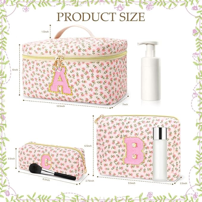 3 PCS Travel Makeup Bag Set, A-Z Initials Cotton Make up Bag Floral Quilted Cosmetic Bag for Girls and Women, Personalized Cute Toiletry Bag Travel Accessories Brushes Bag Yellow - J