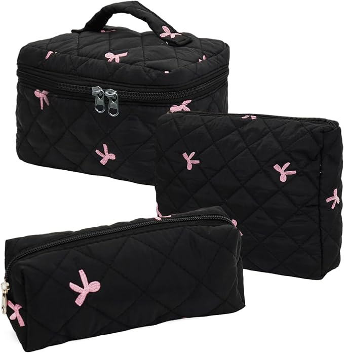 3Pcs Cotton Quilted Makeup Bag Set,Large Floral Cosmetic Bag，Aesthetic Toiletry Travel Makeup Bag Set and Cute Flower Bag for Women Girls (Black Pink Bow)