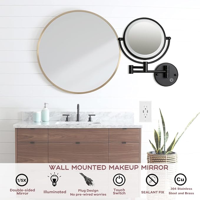 8" Brass Wall Mounted Lighted Makeup Vanity Mirror with Magnification, 1X/5X Double Sided Bathroom Magnifying Mirrorwith with Dimmable LED Lights, Matt Black, Plug Powered