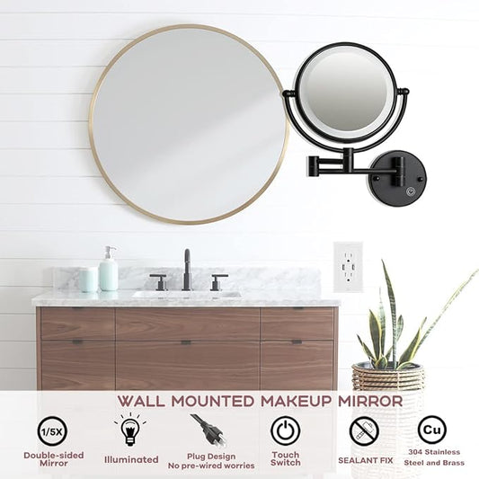 8" Brass Wall Mounted Lighted Makeup Vanity Mirror with Magnification, 1X/5X Double Sided Bathroom Magnifying Mirrorwith with Dimmable LED Lights, Matt Black, Plug Powered