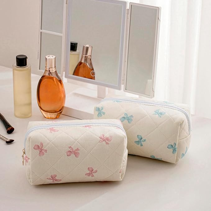 Gleyemor Small Quilted Makeup Bag for Women, Cute Floral Bow Cosmetic Bag, Emergency Bag Travel Toiletry Cotton Pouch Gifts for Girls Her Mom Friend Sister Bridesmaid (Small Pink Bowknot)