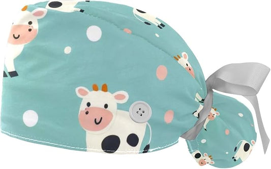 2 PCS Bouffant Cap with Button Ponytail Pouch Working Cap Sweatband Adjustable Surgical Cap Black and White Cow