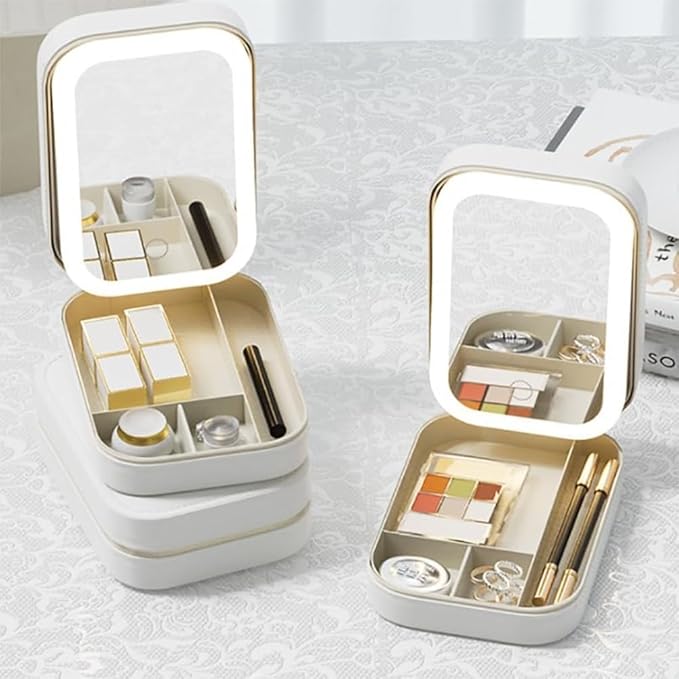 Makeup Case with LED Mirror, Three Color Brightness Adjustable Makeup Mirror, Rechargeable Makeup Mirror, Portable Cosmetic Case, LED Light Jewelry Box (Pink)