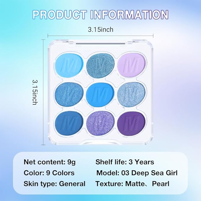 9 Colors Blue Violet Eyeshadow Palette Makeup, Blendable Matte Shimmer, Light Steel Violet Deep Sky Blue Light Steel Cornflower Amethyst Purple Palette Eye Shadow, 03