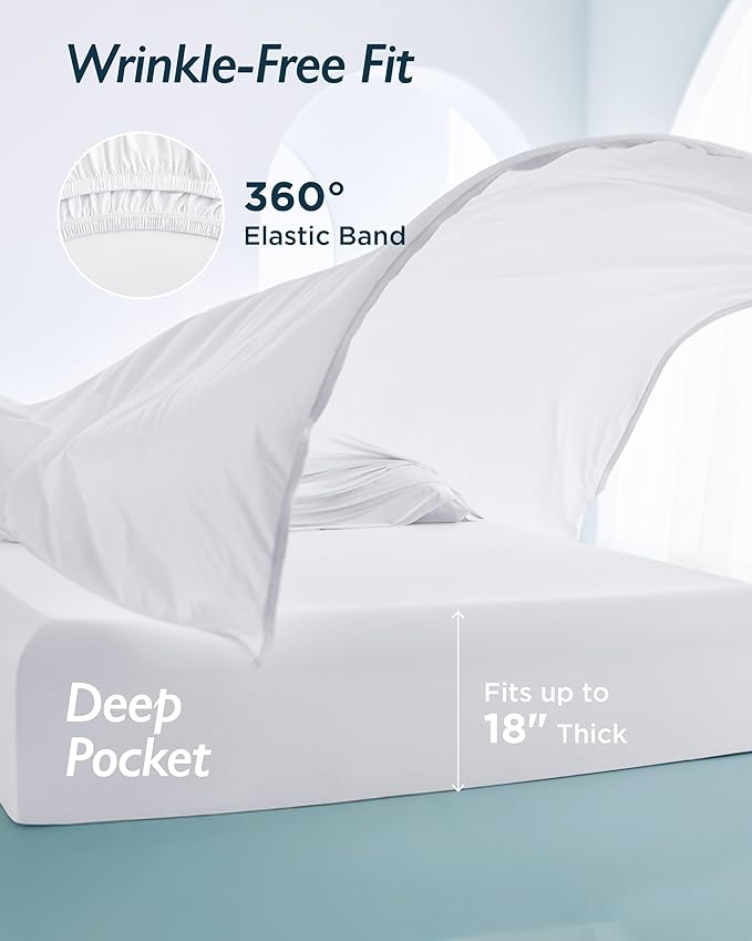 Breescape Cooling Sheet Set Queen Size - BlendTek™ Dry & Cool Technology for Hot Sleepers and Night Sweats, Q-Max>0.46 Tech, Deep Pocket Up to 18", 360° Elastic Band, Snow White