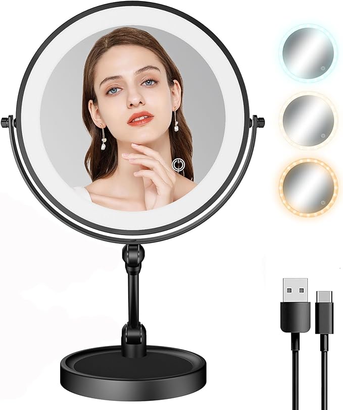 Makeup Mirror with Lights[Brightness Enhanced Version], Real 2000mah Rechargeable Double Sided 10x Magnifying Mirror with 3 Colors Table Vanity Mirror with Adjustable Height and Stand,Black