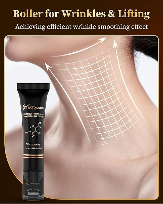 Tighten and Lift Neck Cream with Roller, 30% C-Xyloside Solution Anti Aging Neck Firming Cream for Tightening Sagging Skin, Anti-Wrinkle, Smooths Fine Lines
