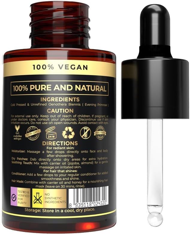 USDA Organic Evening Primrose Oil - 100% Pure & Natural for Skin & Face - Liquid Carrier for Essential Oils Mixing - Perfect Oil Control Face Moisturizer