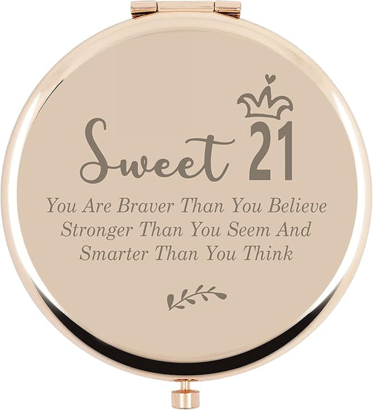 21th Birthday Gifts for Girls, Sweet 21th Birthday for Niece Bestie Sister Daughter BFF, Rose Gold Compact Mirror Inspirational Gifts