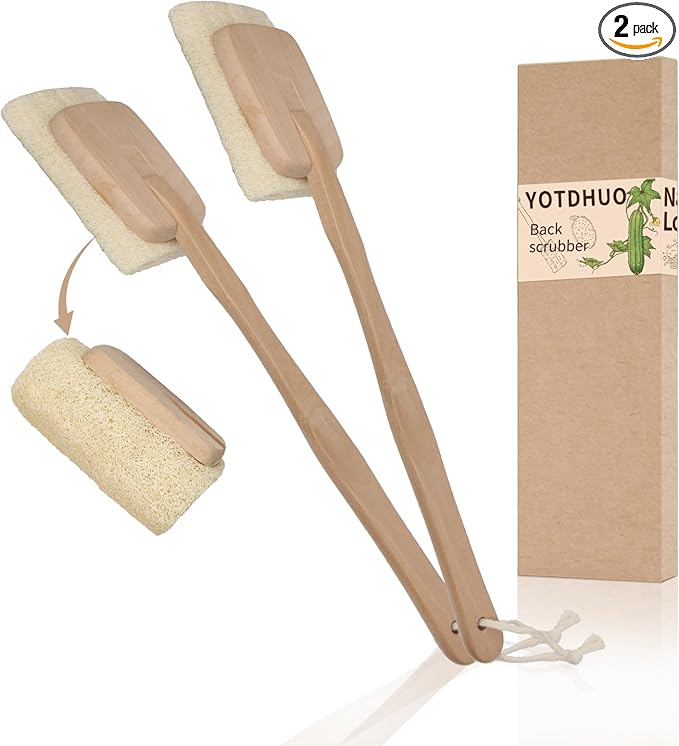 Natural Loofah Brush,Replaceable Hard Loofah Head with Wooden Handle,Back Scrubber for Men Daily Deep Cleaning Luffa On a Stick(2Pack)