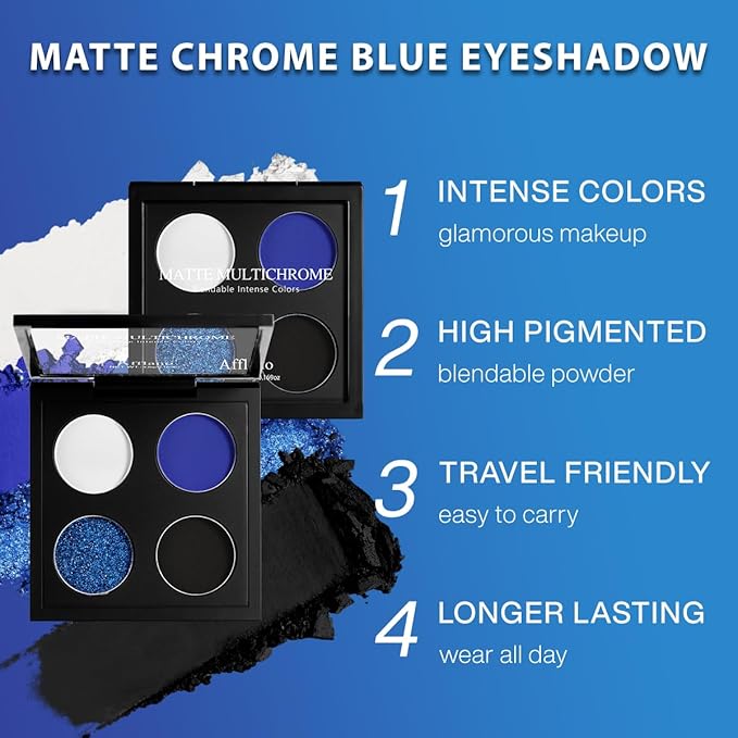 Afflano Multichrome Vibrant Blue Eyeshadow Palette, 4-Color Highly Pigmented Long-Lasting Blue Eyeshadow Makeup, Blendable Duochrome Shimmer Matte Shades for Natural & Smoky Eye Looks Travel-Size