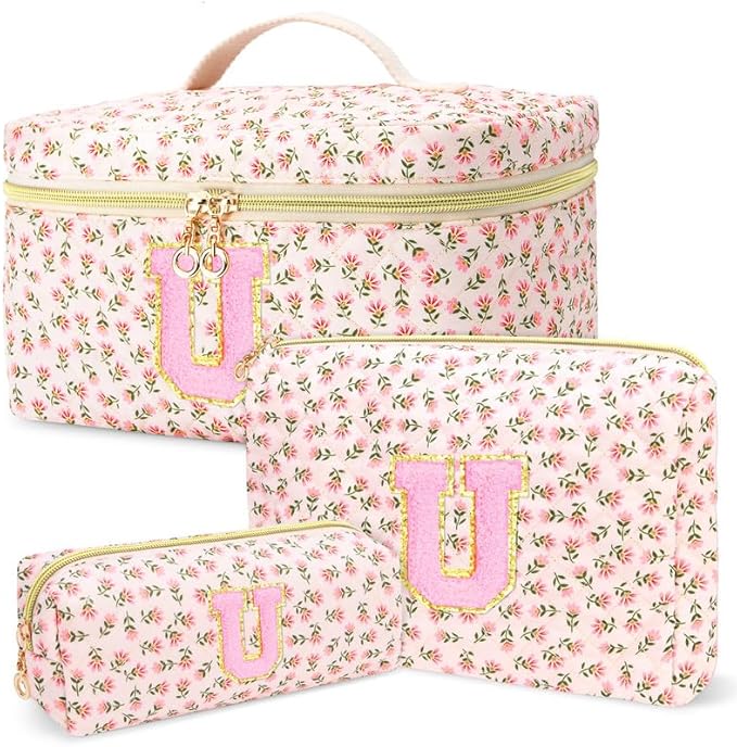 3 PCS Travel Makeup Bag Set, A-Z Initials Cotton Make up Bag Floral Quilted Cosmetic Bag for Girls and Women, Personalized Cute Toiletry Bag Travel Accessories Brushes Bag Flower - U