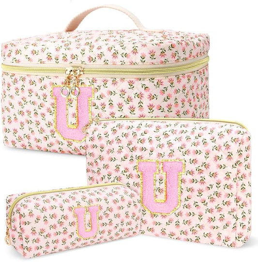 3 PCS Travel Makeup Bag Set, A-Z Initials Cotton Make up Bag Floral Quilted Cosmetic Bag for Girls and Women, Personalized Cute Toiletry Bag Travel Accessories Brushes Bag Flower - U