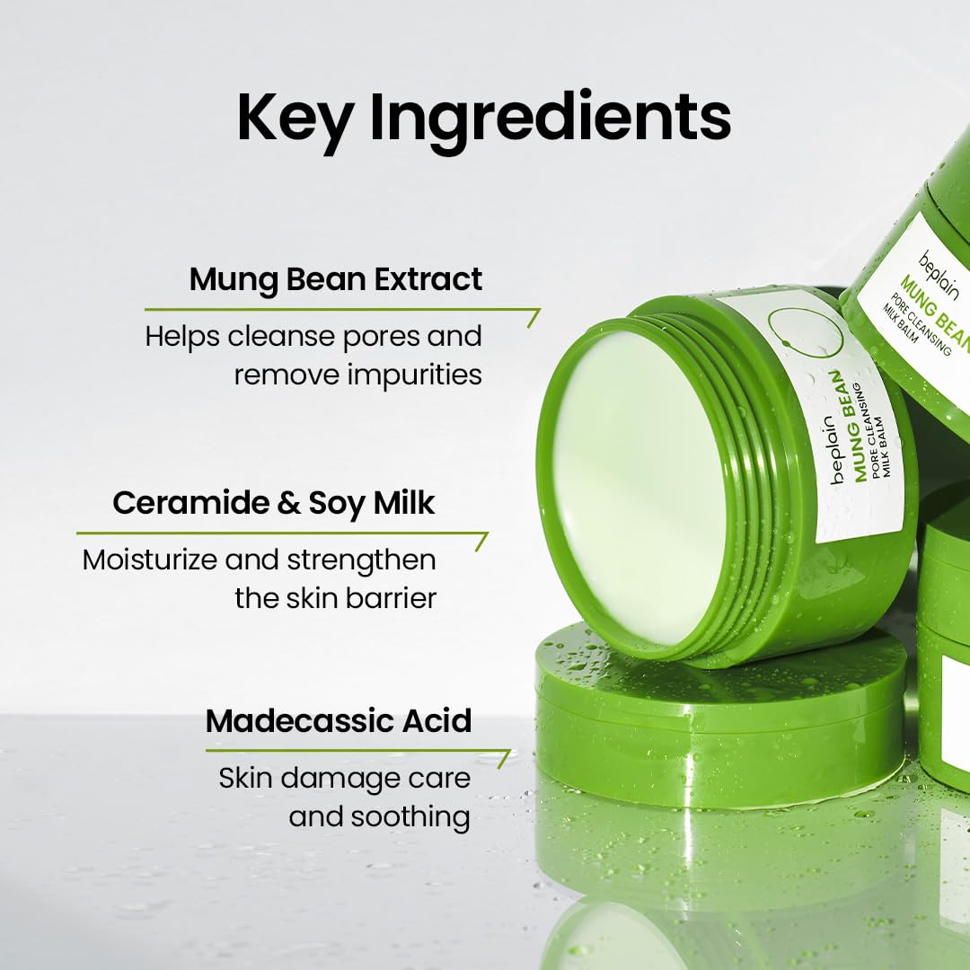 beplain Mung Bean Pore Cleansing Milk Balm (3.38 fl.oz/100ml) | Fragrance-Free | Korean Makeup Remover for Sensitive Skin | Non-Greasy Sorbet Texture with Ceramides | All-in-One Facial Cleanser