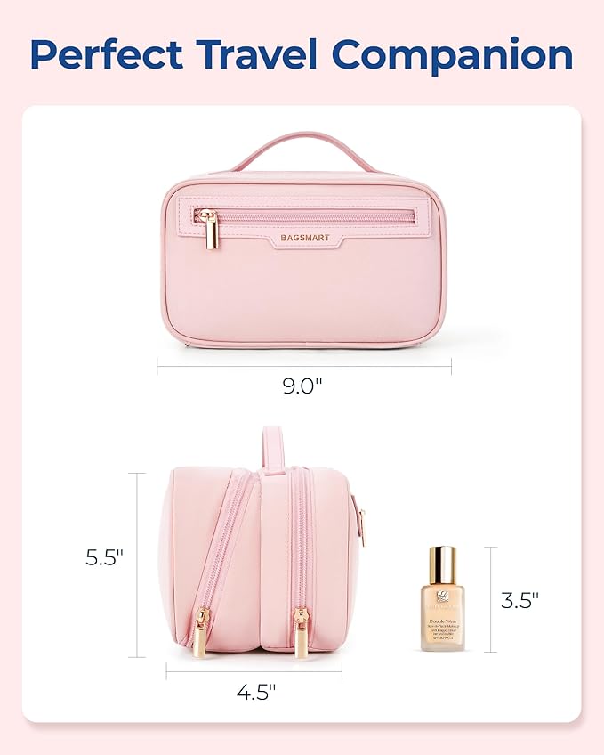 BAGSMART Travel Makeup Bag, Make Up Bag with Multiple Compartments for Organizer, Compact & Durable Cosmetic Organizer for Women for Travel Accessories (Pink