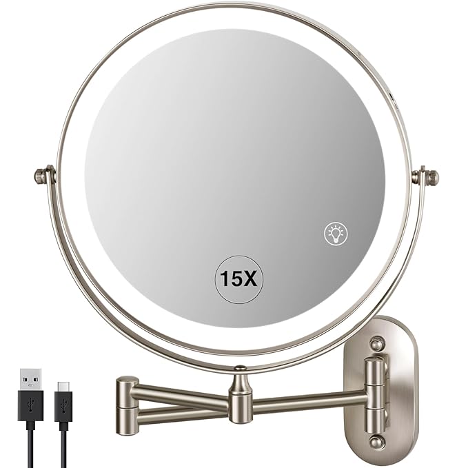 Magnifying Mirror with Lights 1x/15x: 8.5" Double Sided Wall Mounted Lighted Makeup Mirror for Bathroom, 3 Color Lights & 360°Swivel Vanity Mirror, Brushed Nickel