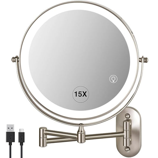 Magnifying Mirror with Lights 1x/15x: 8.5" Double Sided Wall Mounted Lighted Makeup Mirror for Bathroom, 3 Color Lights & 360°Swivel Vanity Mirror, Brushed Nickel