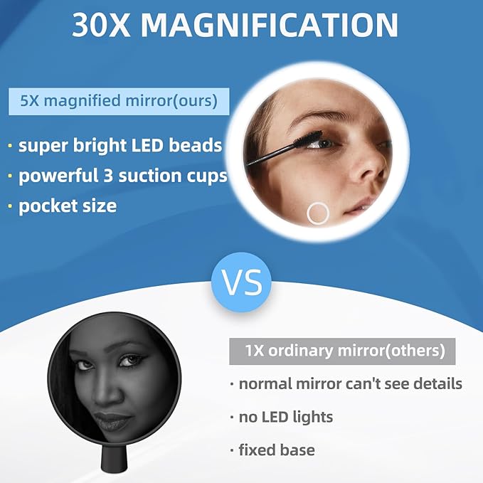 6" 30X Magnifying Mirror with Light Suction Cup,Led Close up Mirror for Checking Pores with 360° Stand,3 Color Lighted Personal Mirror 30X,30 Times High Magnification Concave Mirrors