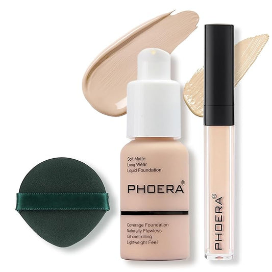 2PC Foundation Makeup&Liquid Concealer,Naturally Liquid Foundation,Full Coverage Mattle Oil-Control Concealer,Multi-Use Makeup Concealer for Acne,Dark Circles(A101+101, 30ml+3ml)