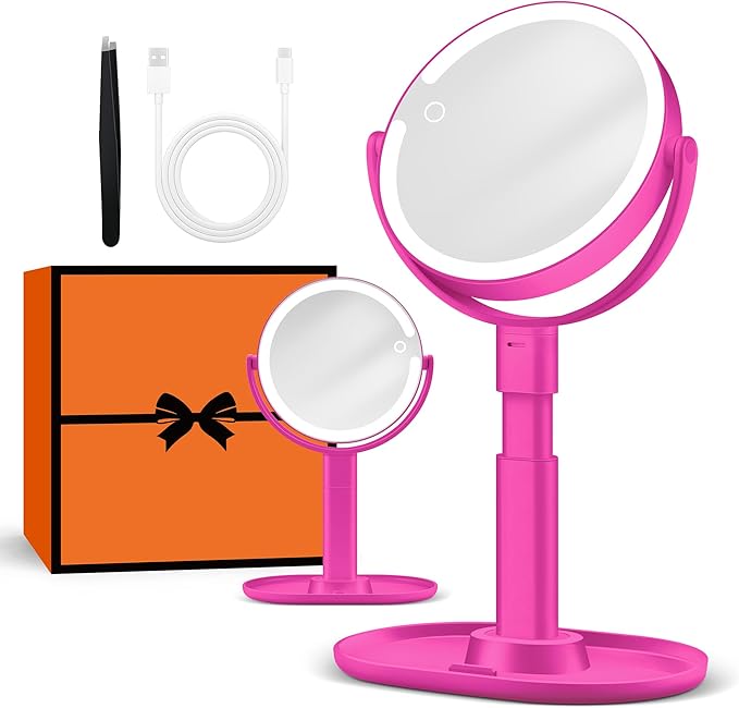 B Beauty Planet Makeup Mirror with Lights, Lighted Magnifying Mirror 20X with 3 Lighting and Adjustable Brightness, 2-Sided Height Adjustable Vanity Mirror for Bathroom, Gifts for Women Hot Pink