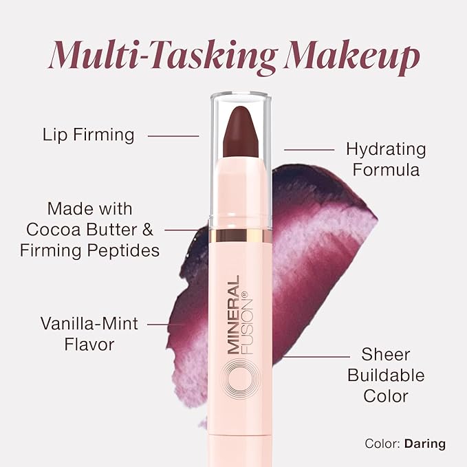 Mineral Fusion NEW Sheer Moisture Lip Tint, Buildable Lip Color, Hydrating Lip Balm with Jojoba Oil, Shea Butter & More, Hydrates & Nourishes, FD&C Dye-Free & Hypoallergenic, Daring, Deep Plum