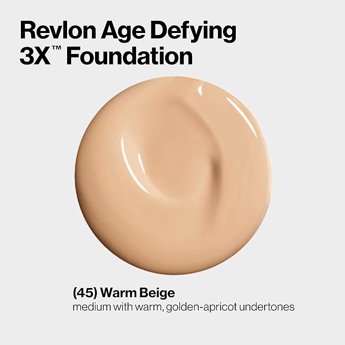 Revlon Age Defying 3X Makeup Foundation, Firming, Lifting and Anti-Aging Medium, Buildable Coverage with Natural Finish SPF 20, 045 Warm Beige, 1 fl oz