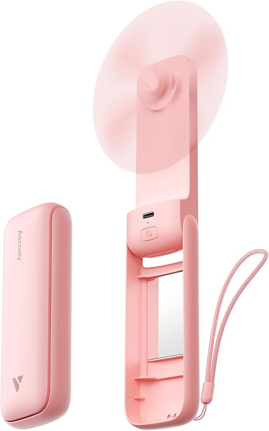 Aecooly Slim Portable Fan with Mirror, Thin Handheld Fan, USB Rechargeable Mini Personal [24H Max Cooling Time], Battery Powered Small Foldable Pocket for Travel, Lash, Makeup, Gifts for Women -Pink
