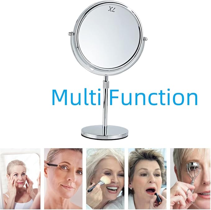 19 Inch Tabletop Makeup Mirror 8 Inch Double-Sided 7X Magnification, High Adjustable Mirror with Pedestal for Bathroom, Standing Chrome Finish (Silver)