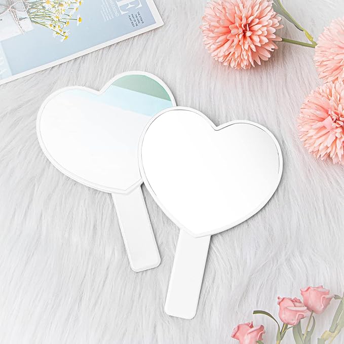 2PCS Heart-Shaped Makeup Hand Mirror,Travel Handheld Mirror Portable Personal Cosmetic Mirror with Handle (White)