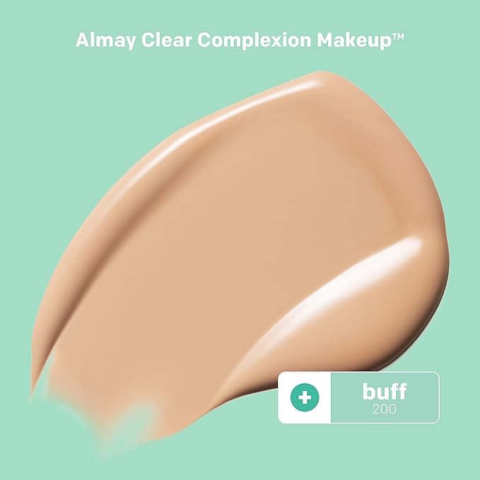 Almay Clear Complexion Acne Foundation Makeup with Salicylic Acid, Medium Coverage, Soft Matte Finish, Hypoallergenic, Cruelty- & Fragrance-Free, Dermatologist Tested, 200 Buff, 1 fl oz