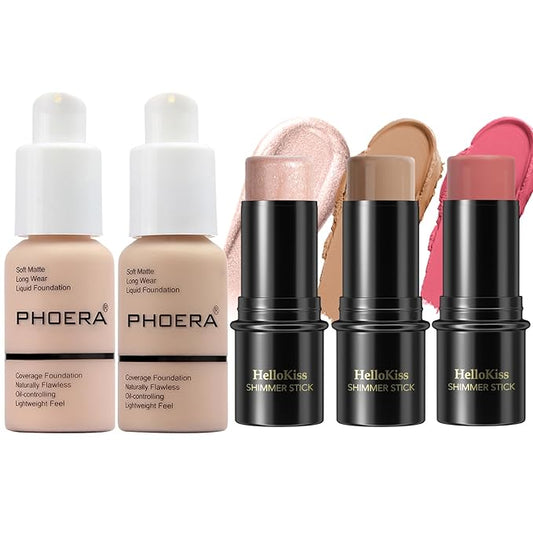 Hilareco PHOERA Foundation,3 PCS Contour Stick Makeup Kit,Shades with Highlighter Stick,Blush Stick and Bronzer Contour (101+102+ Fair Contour/Porcelain+ Nude+#01,#08,#13)