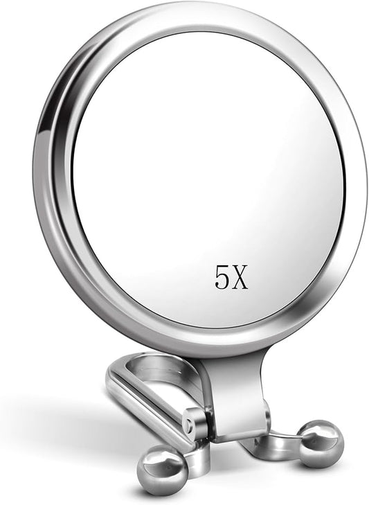 1X/5X Handheld Mirror, Tabletop Mount, Modern Personal Compact Travel Mirror, Silver Frameless, 5.7"L x 3.5"W