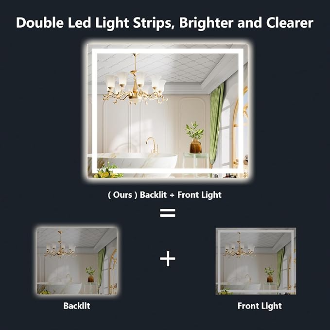 51x40 Inch LED Bathroom Mirror with Lights Front and Backlit Lighted Vanity Mirror for Bathroom Wall with 3 Colors Dimmable Anti-Fog Memory Shatter-Proof IP54 Waterproof Horizontal/Vertical