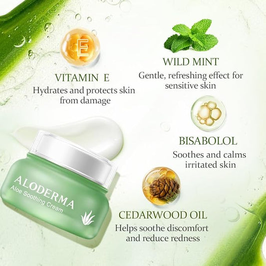 Aloderma Soothing Face Cream Made with 75% Organic Aloe Vera - Calming Facial Cream with Squalane & Vitamin E for Dry, Sensitive Skin - Reduces Redness, Helps Protect Damaged Skin, 50g/1.76oz